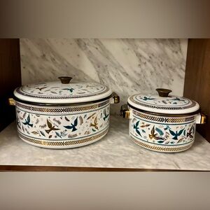 Vintage Enamel Cookware set . George’s Briard Bird of paradise pattern